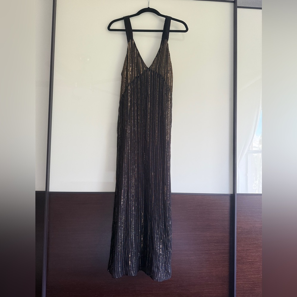 Black and Gold Striped V-Neck Dress